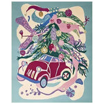 A vibrant, hand-tufted area rug featuring a whimsical design with a red car under a decorated tree, accented with colorful ornaments. This wool rug adds a playful touch to any living room, perfect as an 8x10 centerpiece among area rugs for living room settings.