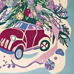 Vibrant area rug featuring a whimsical abstract design with a red car under a Christmas tree, perfect for adding a festive touch to your living room. This wool rug is ideal for those searching for living room rugs 8x10, offering a cozy and colorful addition to your home decor.