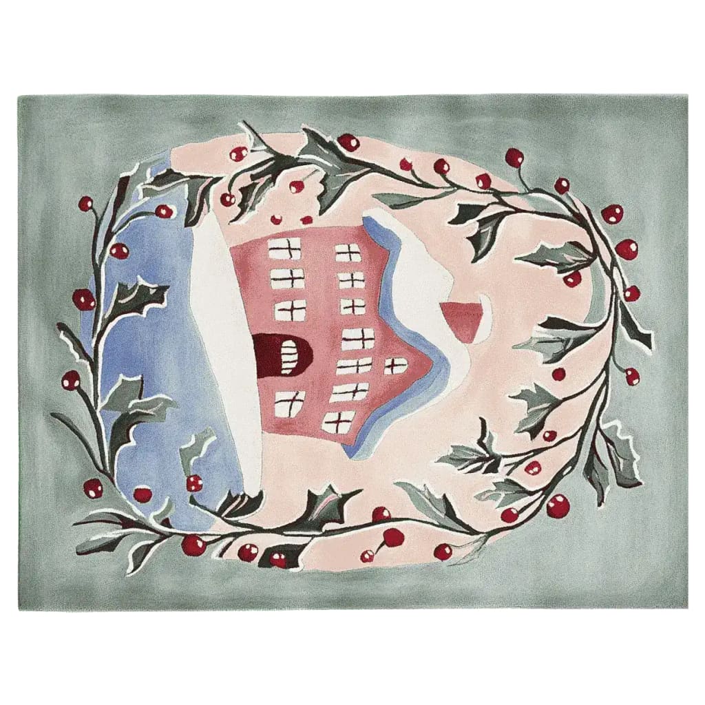 Holly House Magic Hand Tufted Area Rug featuring a charming winter scene with a house surrounded by holly leaves and berries. Perfect wool rug for adding a cozy touch to large living rooms, especially in an 8x10 size.