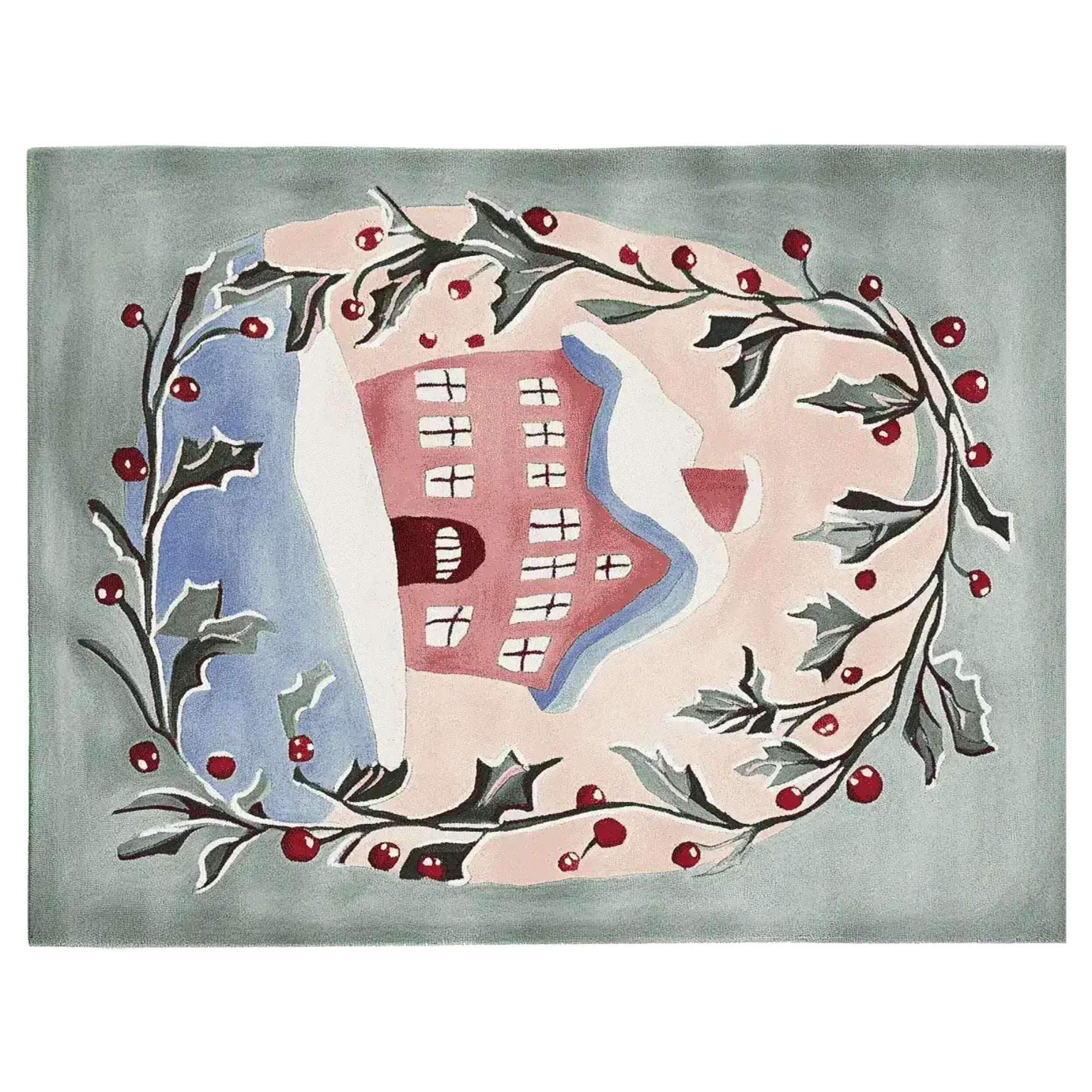 Holly House Magic Hand Tufted Area Rug featuring a charming winter scene with a house surrounded by holly leaves and berries. Perfect wool rug for adding a cozy touch to large living rooms, especially in an 8x10 size.