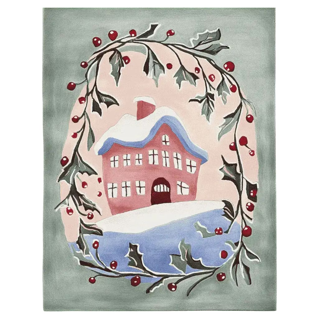 This charming area rug features a whimsical design of a snow-covered house surrounded by holly branches and berries. Crafted from high-quality wool, this 8x10 rug is perfect for adding warmth and style to large living rooms.
