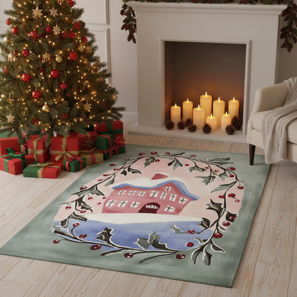 Decorative rug with a house design in a living room with a Christmas tree and fireplace.