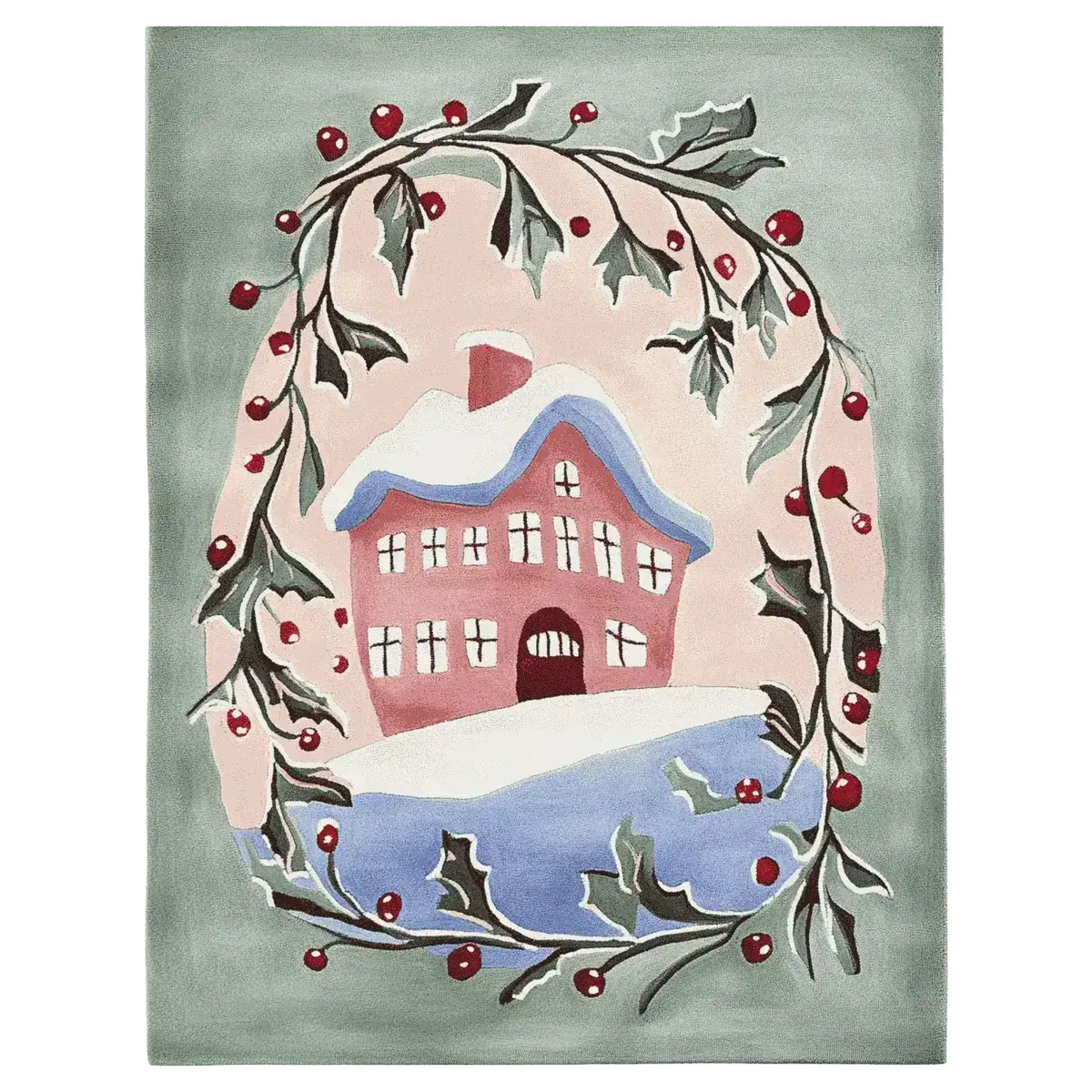 This charming area rug features a whimsical design of a snow-covered house surrounded by holly branches and berries. Crafted from high-quality wool, this 8x10 rug is perfect for adding warmth and style to large living rooms.