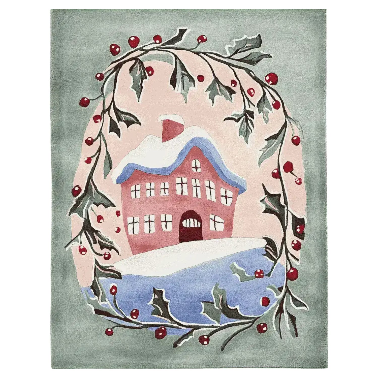 This charming area rug features a whimsical design of a snow-covered house surrounded by holly branches and berries. Crafted from high-quality wool, this 8x10 rug is perfect for adding warmth and style to large living rooms.