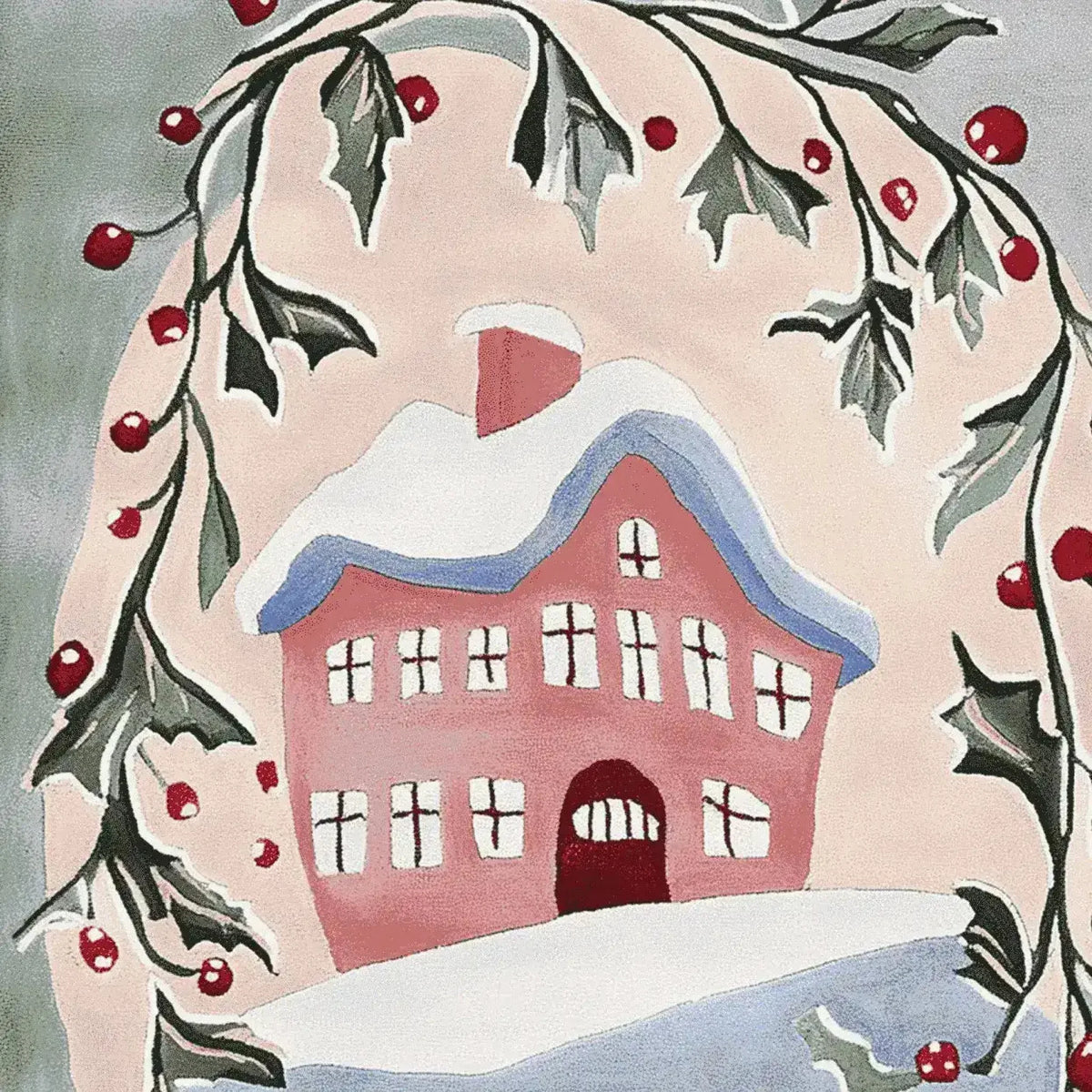 Charming area rug featuring a whimsical illustration of a snow-covered house surrounded by holly leaves and berries, perfect for adding a cozy touch to your living room. This wool rug, ideal as a large living room rug in an 8x10 size, showcases a delightful winter scene.