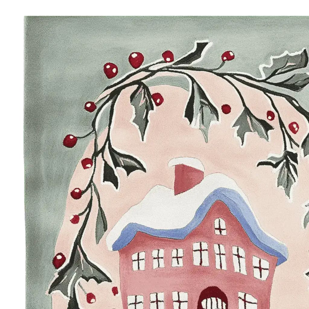 Charming area rug featuring a hand-tufted wool design, depicting a cozy house surrounded by holly leaves and red berries. Perfect as a large living room rug in an 8x10 size, bringing warmth and character to your space.