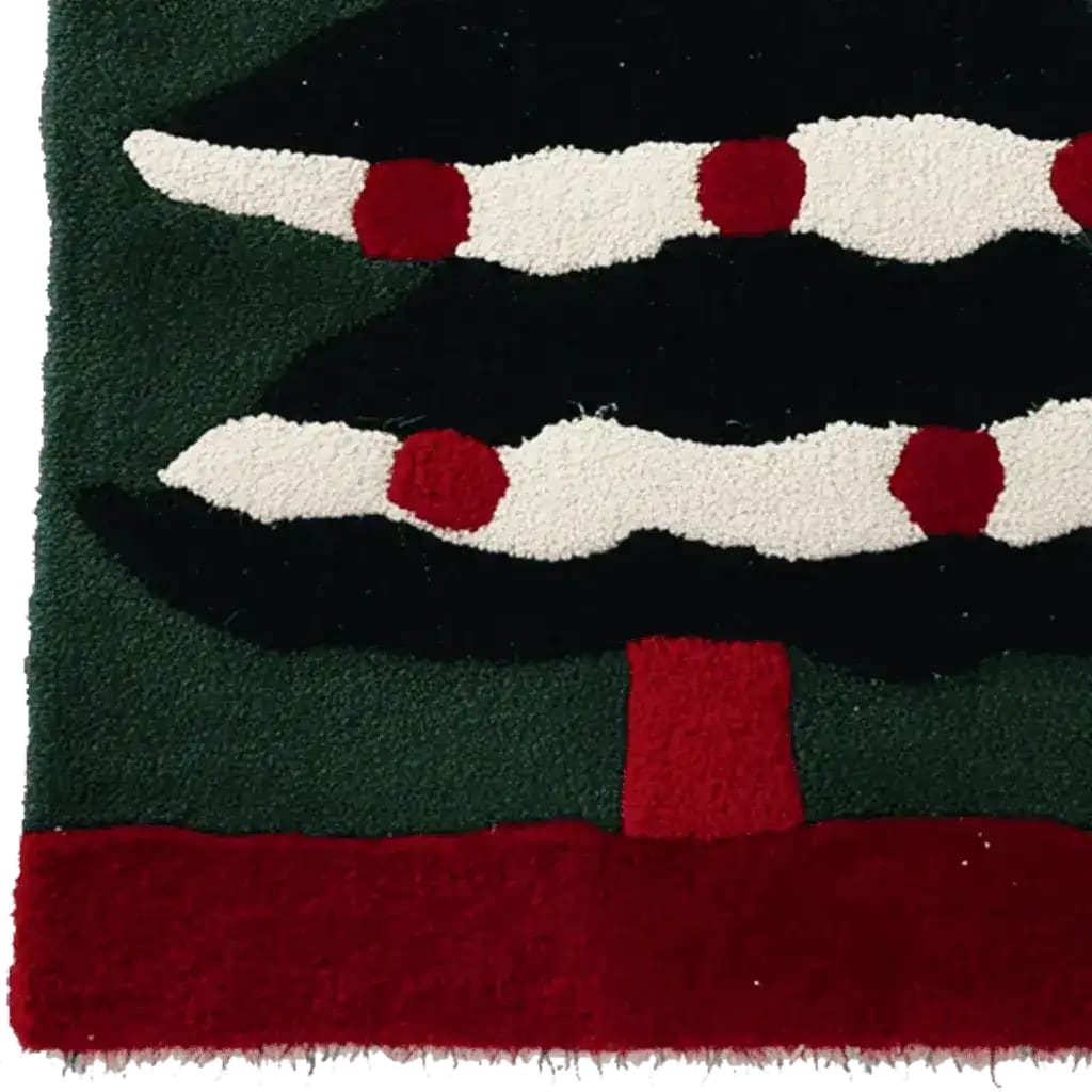 Holly Jolly Tree Hand Tufted Area Rug featuring a festive Christmas tree design with vibrant red and white accents on a lush green background. This wool rug is perfect for adding a cozy holiday touch to your living room decor. Ideal among area rugs for living room, it brings warmth and style, making it a great choice for rugs for living room.