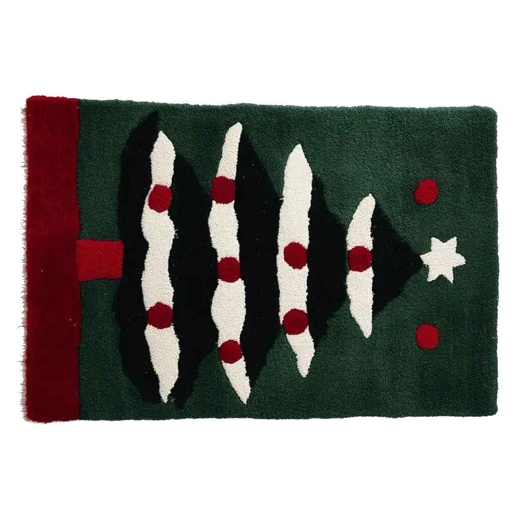 A festive hand-tufted wool area rug featuring a stylized Christmas tree design in green, red, and white. Perfect for adding a holiday touch to living room decor, this rug is ideal for those seeking unique area rugs for living room settings.