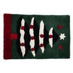 A festive hand-tufted wool area rug featuring a stylized Christmas tree design in green, red, and white. Perfect for adding a holiday touch to living room decor, this rug is ideal for those seeking unique area rugs for living room settings.