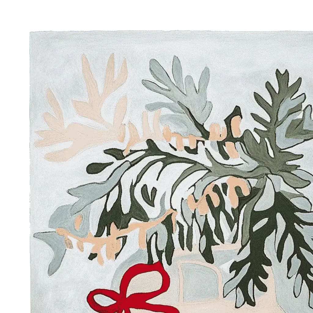 Top view of the Holly Joy Ride Hand Tufted Area Rug, showcasing its abstract botanical design in soft green and beige tones with a red accent. Perfect wool rug for adding a stylish touch to living room rugs 8x10.