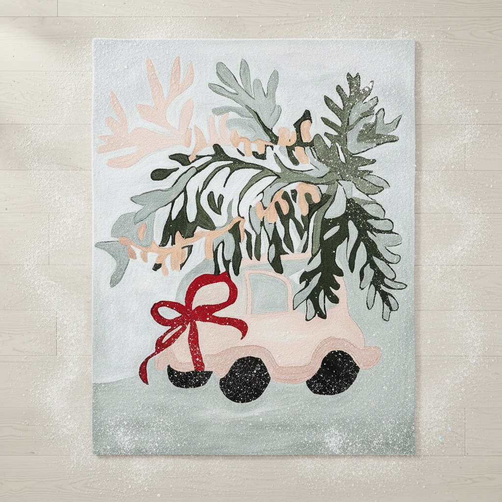 A Decorative Christmas truck and wreath hand made rug