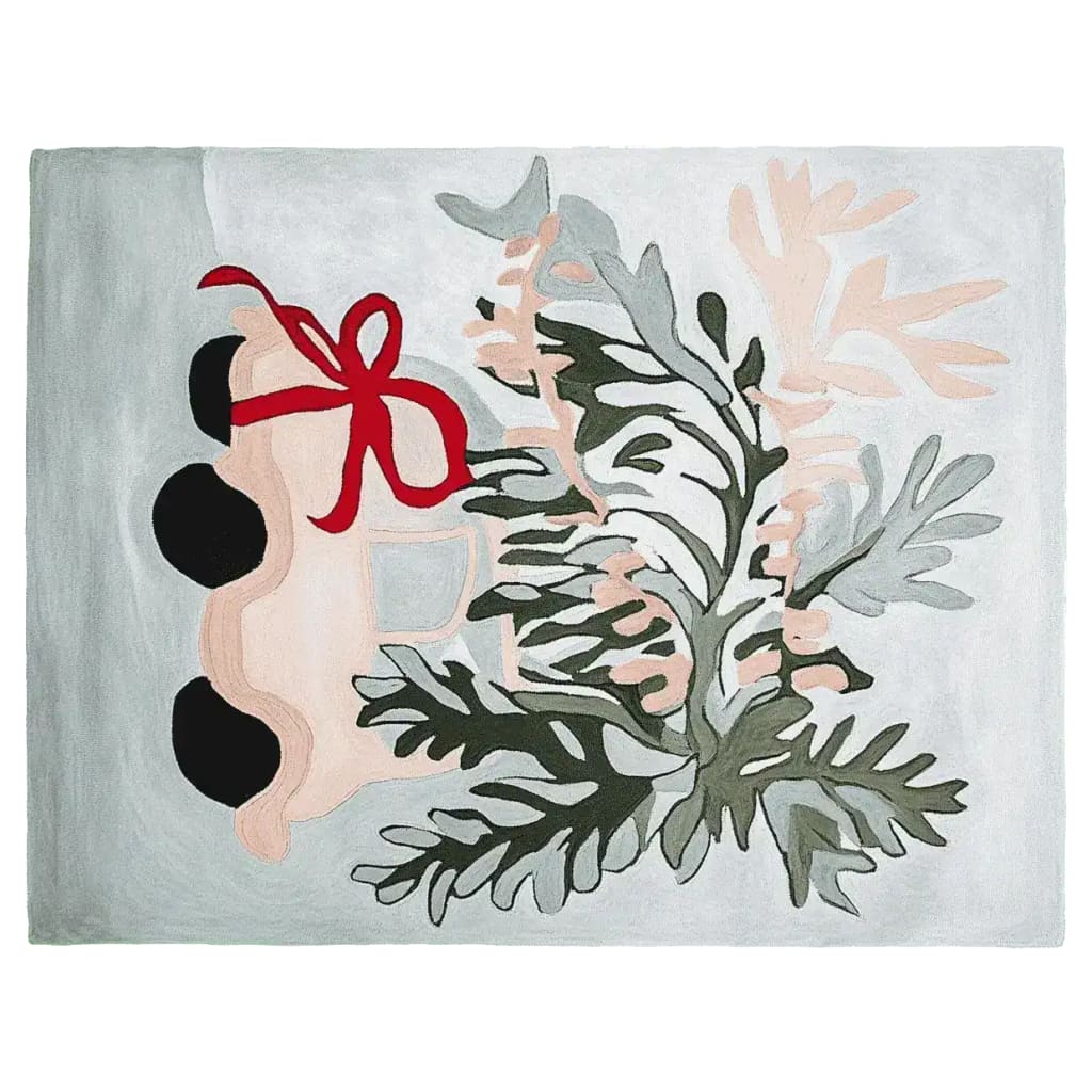 Stylish area rug featuring a hand-tufted design with abstract foliage and a red ribbon accent, ideal as a wool rug for living room rugs 8x10.