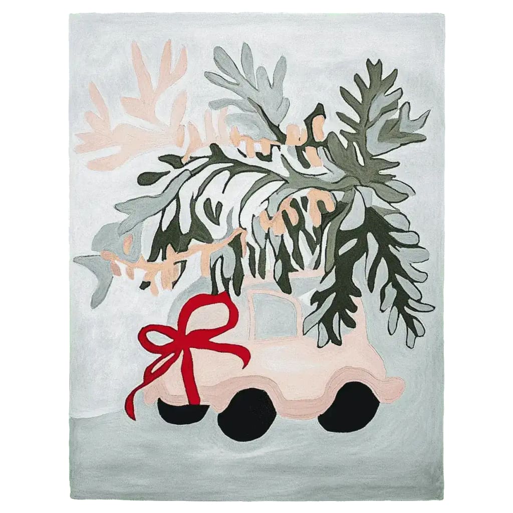 The Holly Joy Ride Hand Tufted Area Rug features a whimsical design with a charming car carrying festive foliage, highlighted by a vibrant red bow. This wool rug is perfect for adding a touch of holiday spirit to your living room. Ideal as an 8x10 decorative piece, it blends playful artistry with cozy comfort.