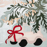 Vibrant area rug featuring a whimsical design with a stylized pink car adorned with a red bow, surrounded by abstract green foliage. This wool rug is perfect for adding a playful touch to living room spaces. Ideal for those looking for living room rugs 8x10.