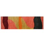 Contemporary Horizon Echo hand-tufted wool runner rug featuring abstract waves of red, orange, yellow, and black. Perfect for adding a stylish touch to kitchens, hallways, or bathrooms.