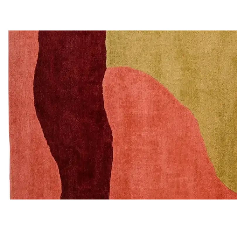 A vibrant, abstract Horizon Echo hand-tufted wool rug featuring a rich blend of colors including deep red, warm orange, and muted yellow. Perfect as a runner rug for kitchens, hallways, or bathrooms, this contemporary wool rug adds a modern touch to any space.