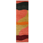 Top view of the Horizon Echo Hand Tufted Wool Rug featuring an abstract design with rich hues of black, red, orange, and beige. This contemporary runner rug is perfect for adding a bold touch to kitchens, hallways, or bathrooms. Made from high-quality wool, it offers a luxurious feel and is ideal as a kitchen runner rug or hallway runner rug.