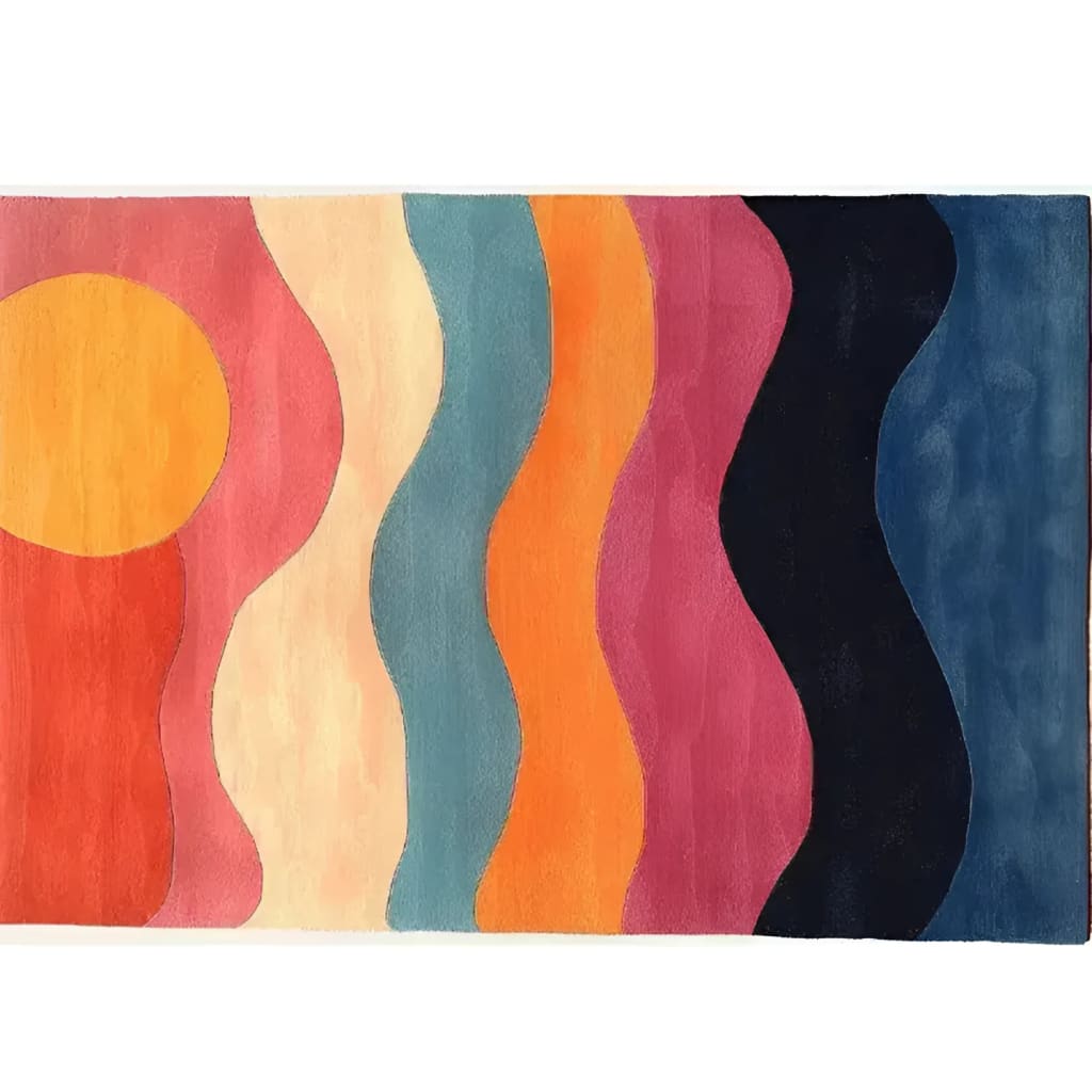 Contemporary Horizon Glow Hand Tufted Area Rug showcasing vibrant, wavy stripes in warm colors. Perfect for adding a modern touch to living rooms, this wool rug measures 8x10 and enhances any living room decor.