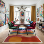 Horizon Glow hand tufted rug, wavy multicolor stripes and sun motif, styled in an eclectic art-filled dining room