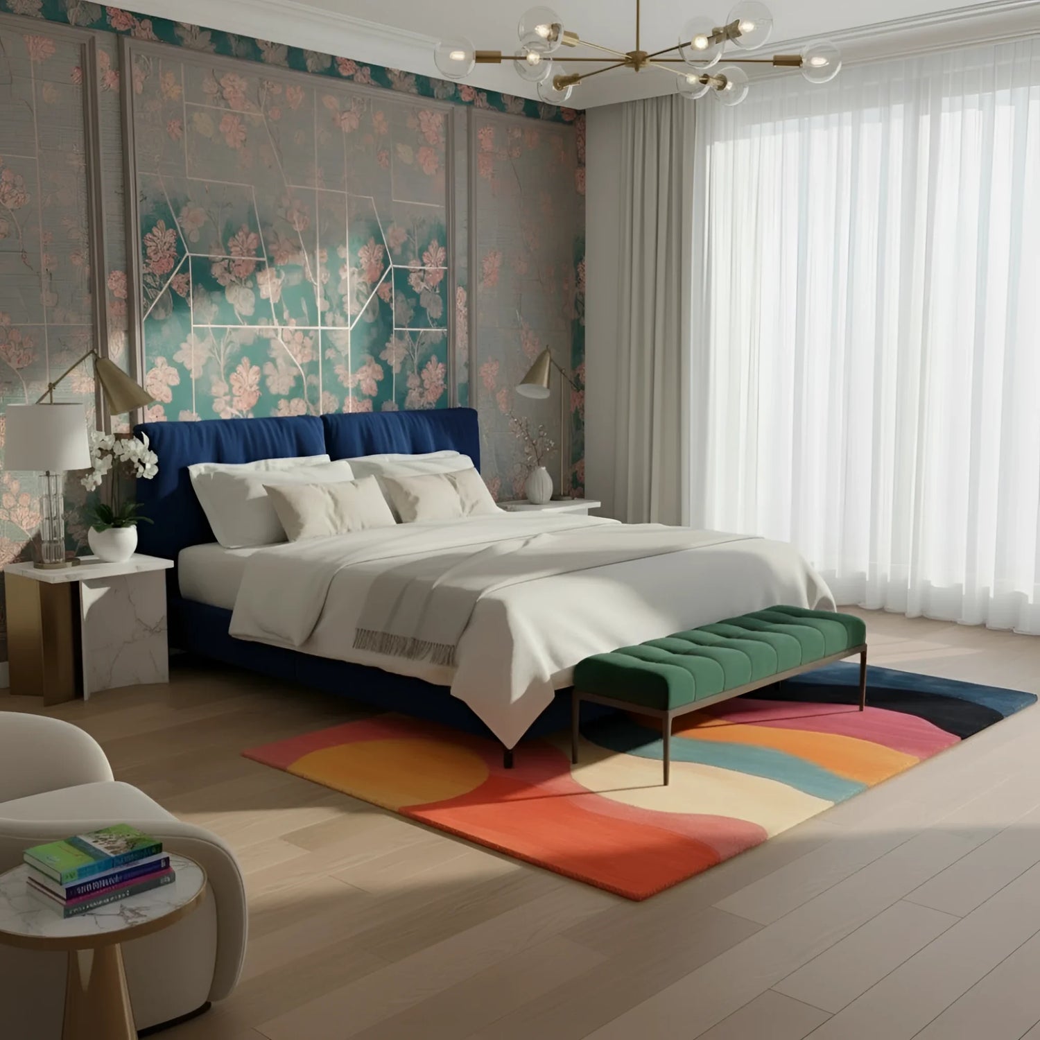 Horizon Glow hand tufted rug with curving coral, yellow, teal and cream stripes beneath a navy bed in-room