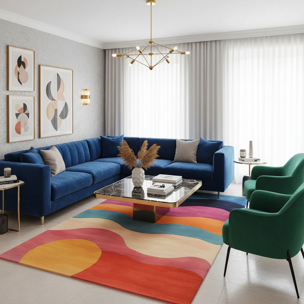 Horizon Glow hand tufted rug with bold wavy stripes in pink, orange, teal and cream, in-room living room view