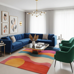 Horizon Glow hand tufted rug with bold wavy stripes in pink, orange, teal and cream, in-room living room view