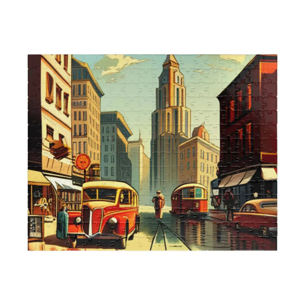 Horizontal 252-piece puzzle showing a nostalgic downtown street, art-deco tower, red coach bus, and tram in golden light