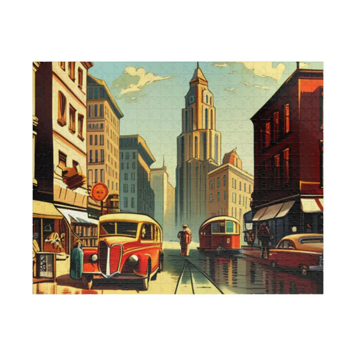 Horizontal 520-piece puzzle of a vintage city street with a stone clock tower, red bus, tram, and reflections on wet cobblestones