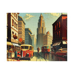 Horizontal 520-piece puzzle of a vintage city street with a stone clock tower, red bus, tram, and reflections on wet cobblestones