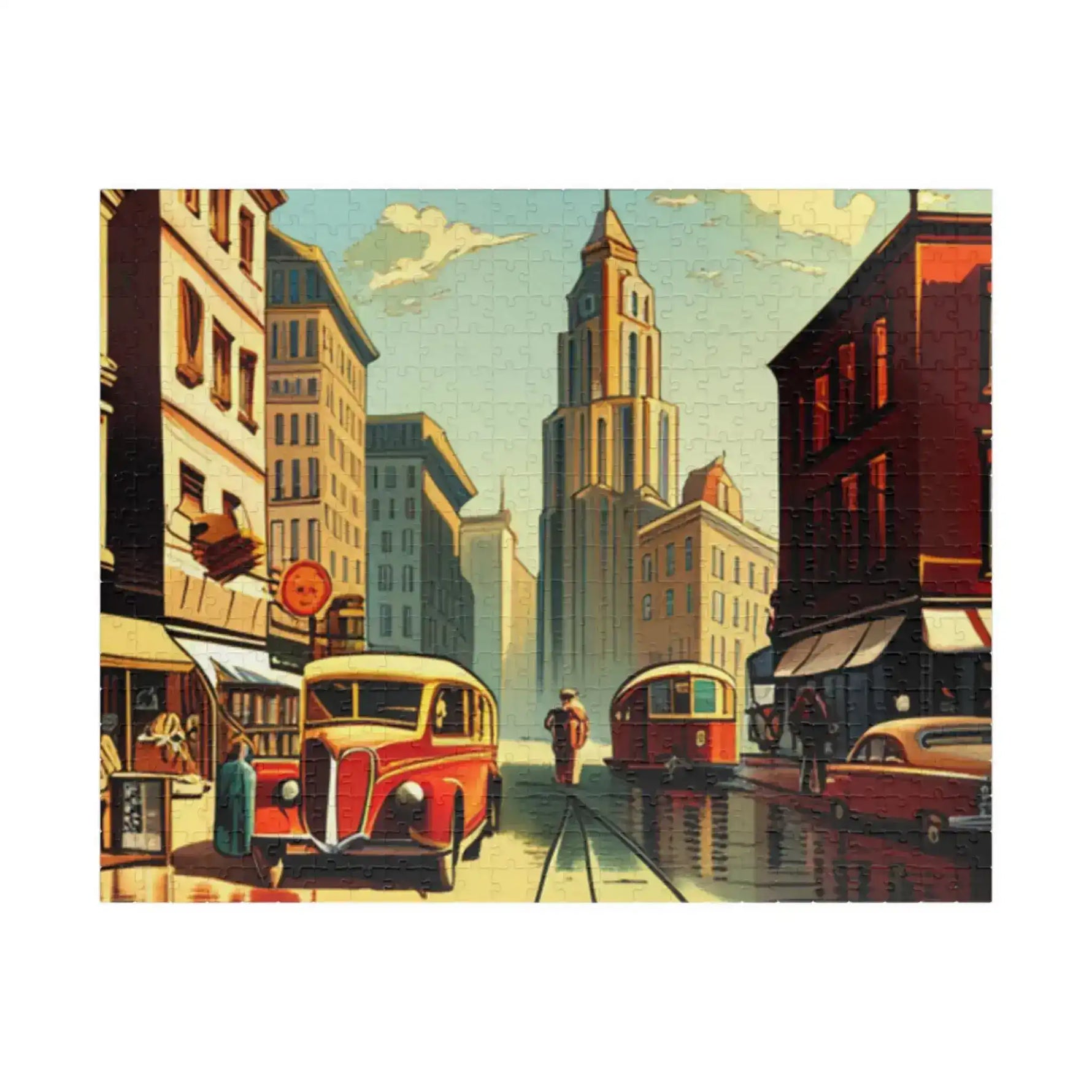 Horizontal 520-piece puzzle of a vintage city street with a stone clock tower, red bus, tram, and reflections on wet cobblestones