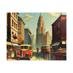 Horizontal jigsaw of a vintage city street with red trams, classic cars, and a tall clock tower amid warm-toned buildings