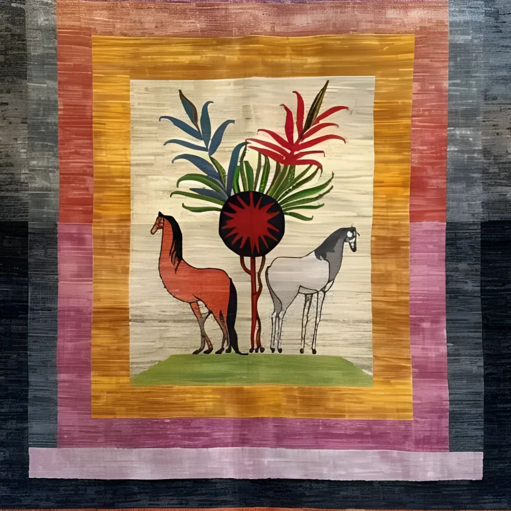 A vibrant wool hand-knotted area rug featuring an abstract design with two horses and colorful foliage at the center. The square area rug, perfect for living rooms or bedrooms, highlights a mix of rich colors and intricate detailing, ideal for adding a touch of elegance to any 8x10 space.