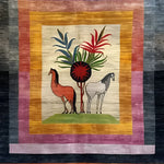 A vibrant wool hand-knotted area rug featuring an abstract design with two horses and colorful foliage at the center. The square area rug, perfect for living rooms or bedrooms, highlights a mix of rich colors and intricate detailing, ideal for adding a touch of elegance to any 8x10 space.