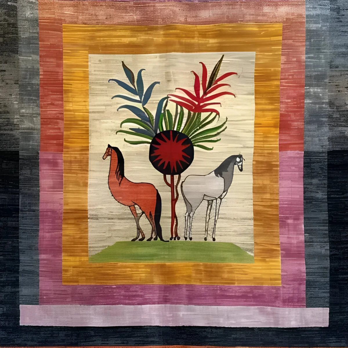 A vibrant wool hand-knotted area rug featuring an abstract design with two horses and colorful foliage at the center. The square area rug, perfect for living rooms or bedrooms, highlights a mix of rich colors and intricate detailing, ideal for adding a touch of elegance to any 8x10 space.