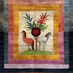 A vibrant wool hand-knotted area rug featuring an abstract design with two horses and colorful foliage at the center. The square area rug, perfect for living rooms or bedrooms, highlights a mix of rich colors and intricate detailing, ideal for adding a touch of elegance to any 8x10 space.