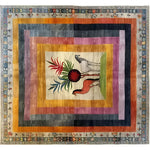 A vibrant wool hand-knotted area rug featuring a colorful abstract design with horses and geometric patterns. This square area rug is perfect for adding a touch of elegance to living rooms or bedrooms, making it an ideal choice for those seeking 8x10 living room rugs. Crafted with high-quality wool, this rug brings warmth and style to any living room setting.