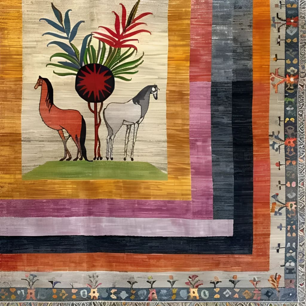 Colorful wool hand-knotted area rug featuring an abstract design with two horses and vibrant foliage. Ideal for living rooms or bedrooms, this square rug adds a touch of elegance and warmth to any space. Perfect as a living room rug in an 8x10 size.