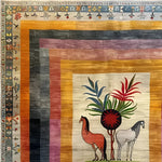 A vibrant wool hand-knotted area rug featuring an abstract design with colorful borders and a central motif of horses and foliage. Ideal for adding a touch of artistic flair to living rooms or bedrooms, this square rug is perfect as an 8x10 living room rug, adding warmth and style to any space.