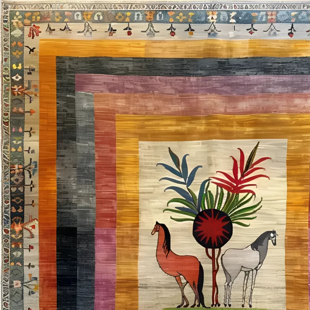 A vibrant wool hand-knotted area rug featuring an abstract design with colorful borders and a central motif of horses and foliage. Ideal for adding a touch of artistic flair to living rooms or bedrooms, this square rug is perfect as an 8x10 living room rug, adding warmth and style to any space.