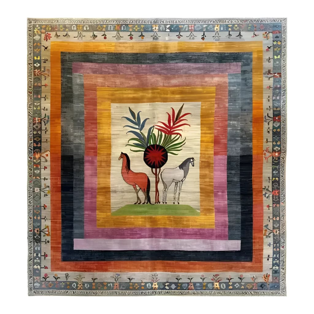 Vibrant and artistic wool hand-knotted area rug featuring a colorful design with central horse motifs surrounded by multicolored borders. Perfect for adding a touch of elegance to living rooms or bedrooms, this square area rug is ideal as a living room rug or bedroom accessory.
