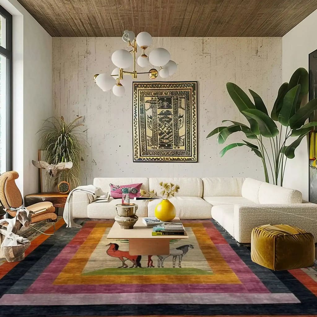 Stylish living room featuring a vibrant wool hand-knotted area rug with a unique horse design. This square rug adds a pop of color to the space, perfect for an 8x10 living room or bedroom. The cozy setting includes a modern white sectional sofa, lush green plants, and elegant decor elements, making it an ideal choice for those seeking quality rugs for living rooms.