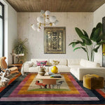 Stylish living room featuring a vibrant wool hand-knotted area rug with a unique horse design. This square rug adds a pop of color to the space, perfect for an 8x10 living room or bedroom. The cozy setting includes a modern white sectional sofa, lush green plants, and elegant decor elements, making it an ideal choice for those seeking quality rugs for living rooms.