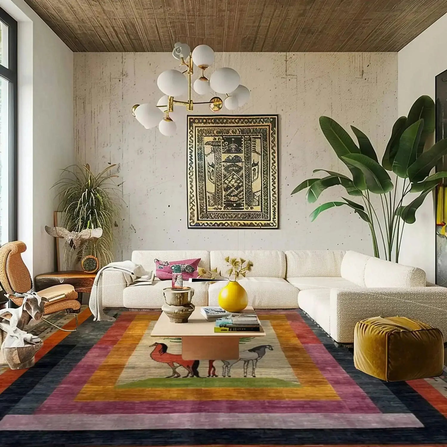 Stylish living room featuring a vibrant wool hand-knotted area rug with a unique horse design. This square rug adds a pop of color to the space, perfect for an 8x10 living room or bedroom. The cozy setting includes a modern white sectional sofa, lush green plants, and elegant decor elements, making it an ideal choice for those seeking quality rugs for living rooms.