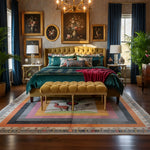 Horse and Hues wool hand-knotted rug in an opulent bedroom with gold tufted bed, navy drapes, and dark wood floors