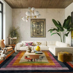 Stylish living room featuring a vibrant wool hand-knotted area rug with a unique horse design. This square rug adds a pop of color to the space, perfect for an 8x10 living room or bedroom. The cozy setting includes a modern white sectional sofa, lush green plants, and elegant decor elements, making it an ideal choice for those seeking quality rugs for living rooms.