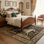 Horse & Blossom hand knotted rug under carved walnut bed, black ground with white horse and botanical motifs, in-room