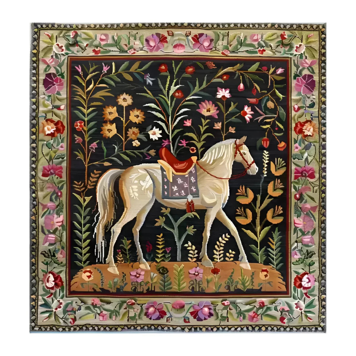 Horse & Blossom hand knotted rug, white horse with red saddle amid colorful botanicals on black ground, floral border