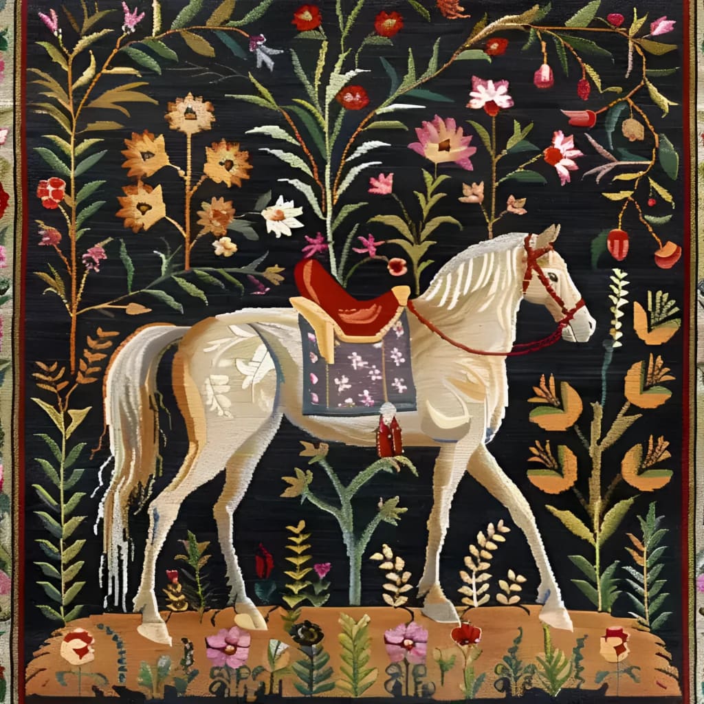 Beautifully crafted Horse & Blossom Wool Hand Knotted Area Rug, perfect as a square area rug for dining room or office spaces. This Persian-inspired wool rug features a detailed horse and floral design, ideal for adding elegance to living room and dining room rugs collections.