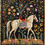 Beautifully crafted Horse & Blossom Wool Hand Knotted Area Rug, perfect as a square area rug for dining room or office spaces. This Persian-inspired wool rug features a detailed horse and floral design, ideal for adding elegance to living room and dining room rugs collections.