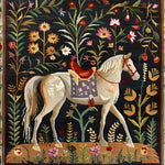 Beautifully crafted Horse & Blossom Wool Hand Knotted Area Rug, perfect as a square area rug for dining room or office spaces. This Persian-inspired wool rug features a detailed horse and floral design, ideal for adding elegance to living room and dining room rugs collections.